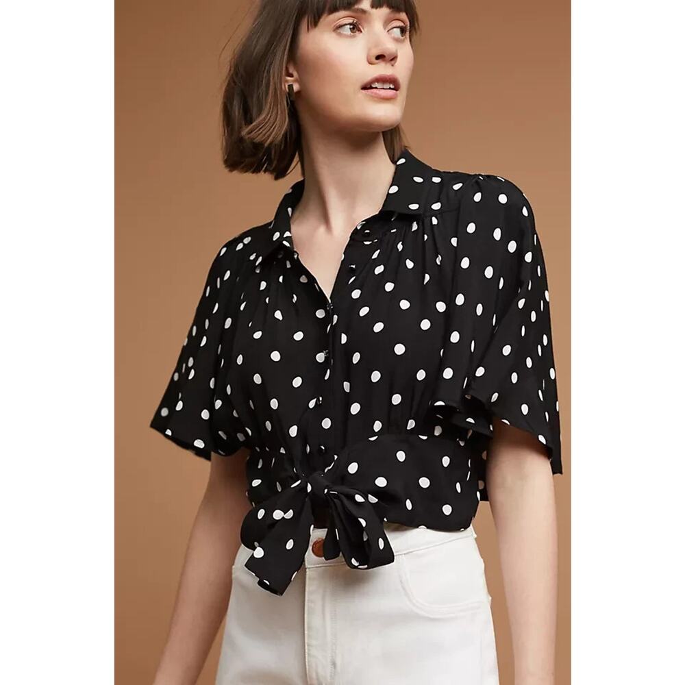 Anthropologie Maeve Canna Black White Polka Dot Top US 4